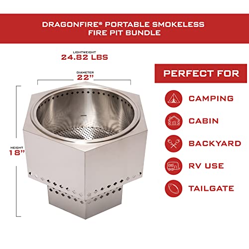 Dragonfire Portable Smokeless Firepit, Accessories Included: Grill, Base Stand, Carrying Case. Wood Pellet/Log Burning Outdoor Fire Pit. Stainless Steel, 22 Inch, Nesting Base for Compact Storage.