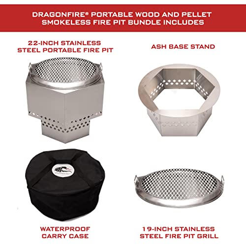 Dragonfire Portable Smokeless Firepit, Accessories Included: Grill, Base Stand, Carrying Case. Wood Pellet/Log Burning Outdoor Fire Pit. Stainless Steel, 22 Inch, Nesting Base for Compact Storage.