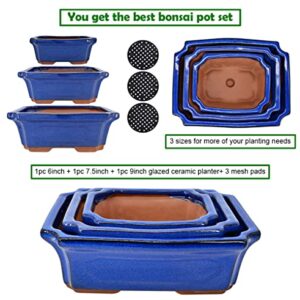 MUZHI 3 Pack Ceramic Rectangular Bonsai Tree Planter Pot Set 6”+7”+9”, Cactus Succulent Planter Blue Glazed with Mesh Hole Screens