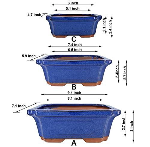 MUZHI 3 Pack Ceramic Rectangular Bonsai Tree Planter Pot Set 6”+7”+9”, Cactus Succulent Planter Blue Glazed with Mesh Hole Screens