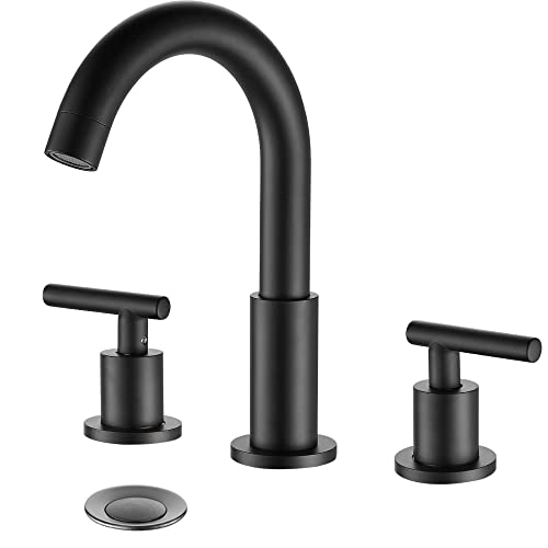 MYHB Matte Black Faucet Bathroom for 3 Hole Sink 8 inch Widespread 2-Handle, Drain Included, SH001HNS-SMB