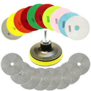 12 pack 4 inch diamond polishing pads kit for wet dry polishing - 50-8000 grit pad with 5/8"-11 backer pad, ideal for granite tile concrete marble stone polishing countertop quartz