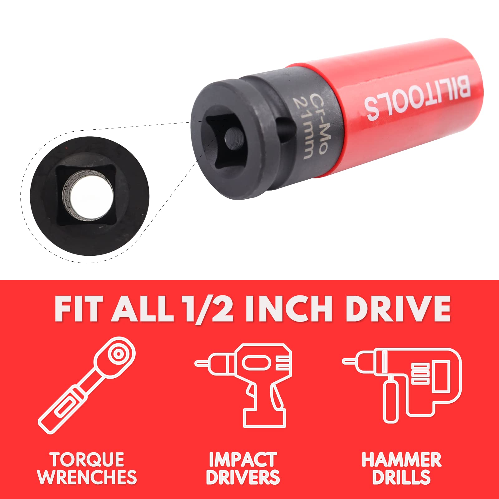 BILITOOLS 1/2 inch Drive Impact Lug Nut Socket Set, Metric 17-19 - 21 mm & SAE 13/16-7/8 inch Non-Marring Thin Wall Wheel Nut Socket