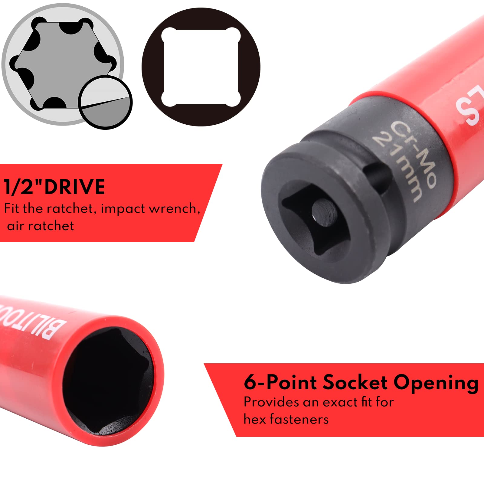 BILITOOLS 1/2 inch Drive Impact Lug Nut Socket Set, Metric 17-19 - 21 mm & SAE 13/16-7/8 inch Non-Marring Thin Wall Wheel Nut Socket