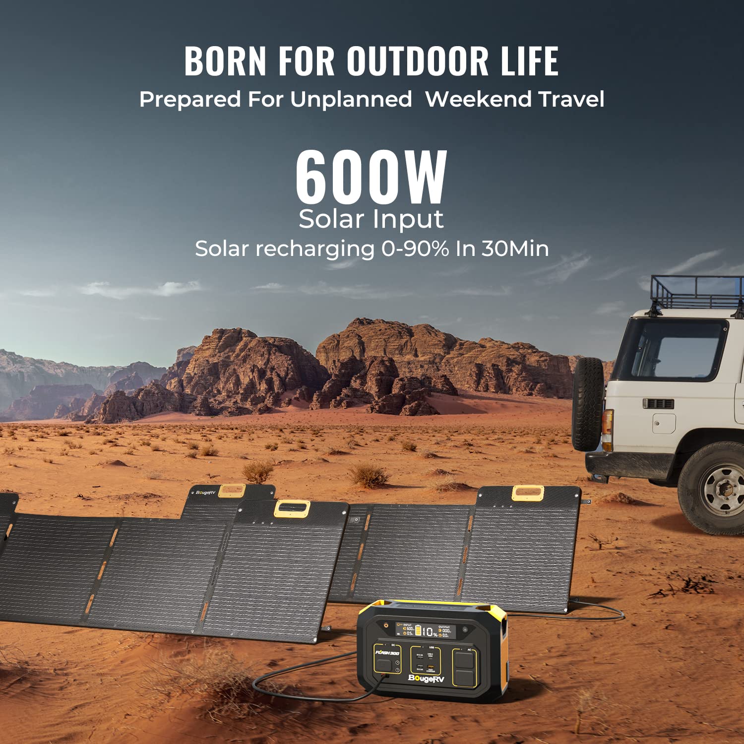 BougeRV Flash300 Portable Power Station 286Wh With 600W Solar Charging from 0-90% In 30 Mins, 600W Solar Generator, 2x600W(Peak 1200W) AC Outlets, Portable Battery Power Supply for Outdoor Camping RV