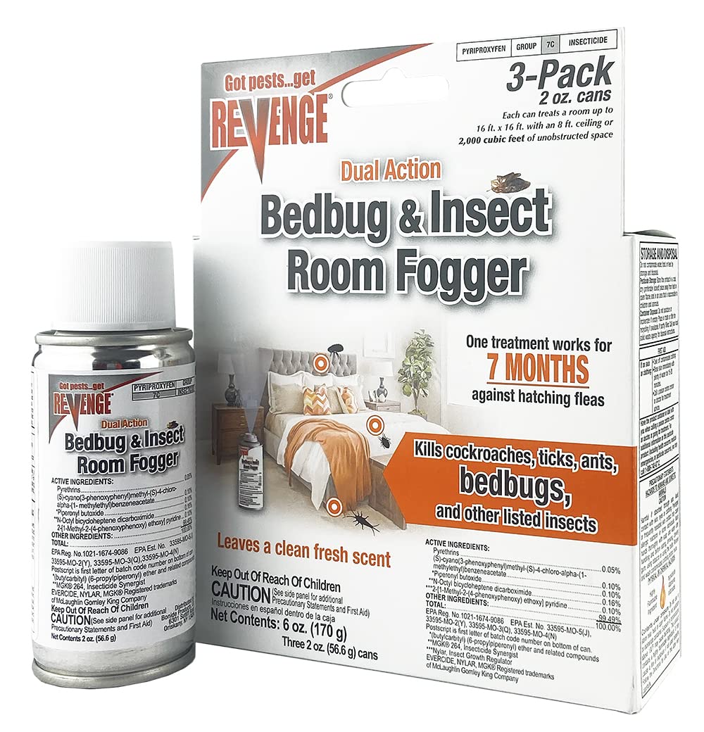 Bonide Revenge Dual Action Bedbug & Insect Room Fogger, Pack of 3 Long Lasting Protection Against Fleas, Ticks, Cockroaches, Ants