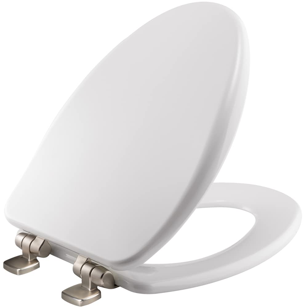 Bemis 19170NSLA 000 Alesio Toilet Seat with Brushed Nickel Hinges will Slow Close, Never Loosen and Provide the Perfect Fit, ELONGATED, High Density Enameled Wood, White