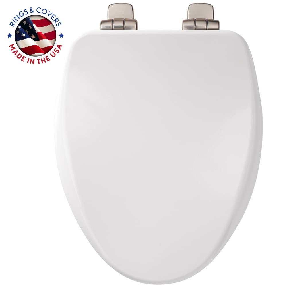 Bemis 19170NSLA 000 Alesio Toilet Seat with Brushed Nickel Hinges will Slow Close, Never Loosen and Provide the Perfect Fit, ELONGATED, High Density Enameled Wood, White