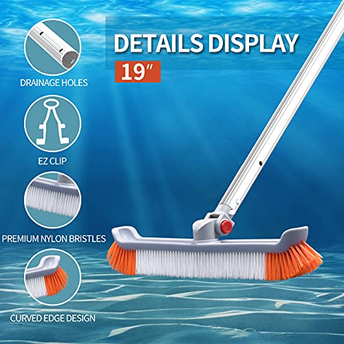 Buyplus Swimming Pool Brush with Pole - 19" Polished Nylon Bristles Pool Brushes Head and 12 ft Aluminum Telescopic Pool Poles, Designed for Cleaning Walls, Tiles & Floors