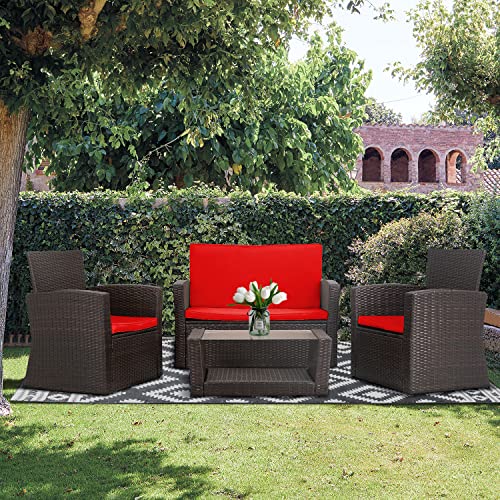 FDW Patio Furniture Sets 4 Piece Rattan Chair Patio Sofas Wicker Sectional Sofa Outdoor Conversation (Brown and Red)