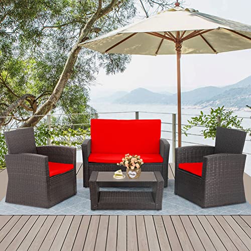 FDW Patio Furniture Sets 4 Piece Rattan Chair Patio Sofas Wicker Sectional Sofa Outdoor Conversation (Brown and Red)