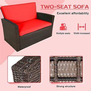 FDW Patio Furniture Sets 4 Piece Rattan Chair Patio Sofas Wicker Sectional Sofa Outdoor Conversation (Brown and Red)