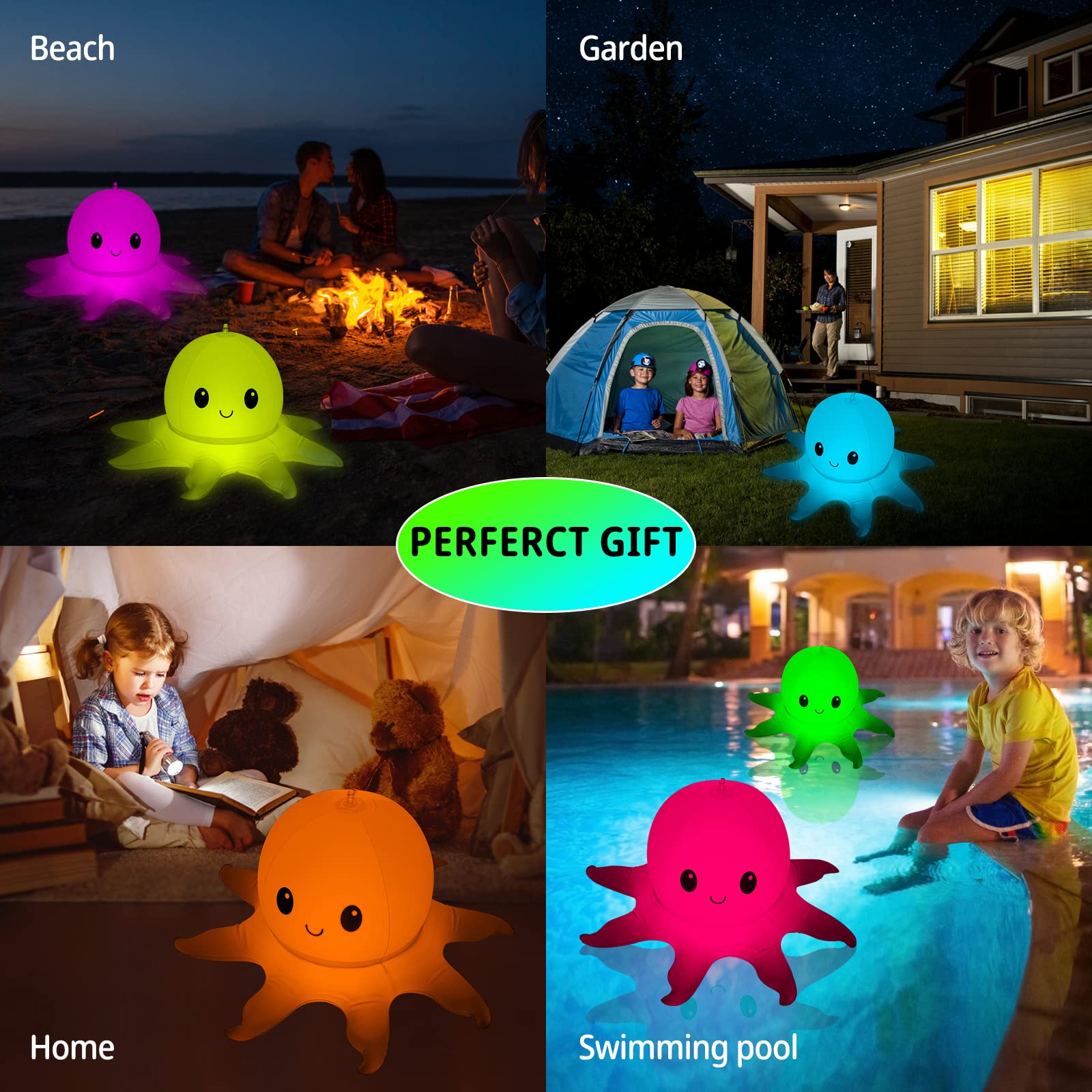 SEMANJLL Solar Powered Octopus Floating Pool Lights, 20 inch 16 RGB Colors Changing LED Glow Ball Inflatable Octopus with Cute Smile(1 Pack)