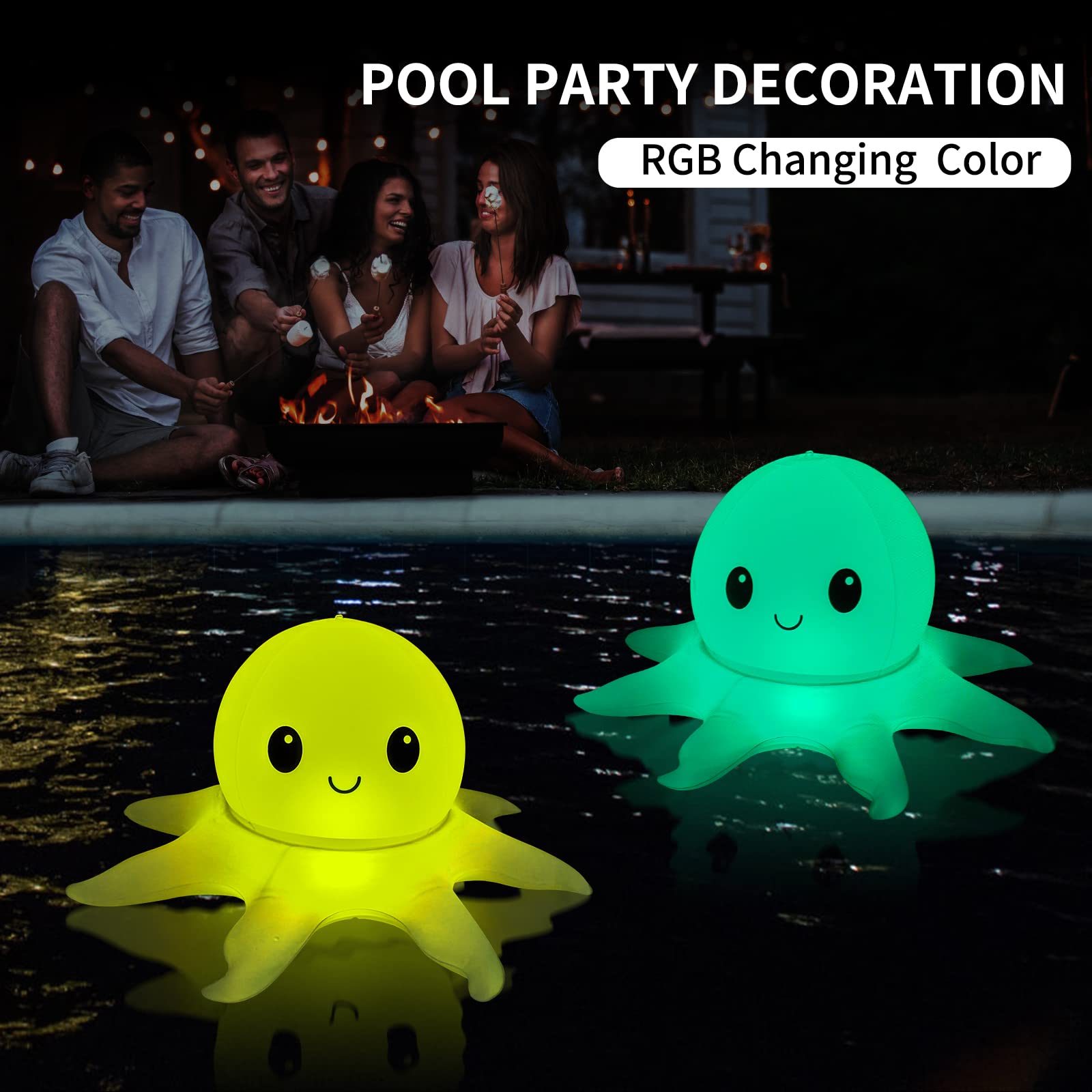 SEMANJLL Solar Powered Octopus Floating Pool Lights, 20 inch 16 RGB Colors Changing LED Glow Ball Inflatable Octopus with Cute Smile(1 Pack)