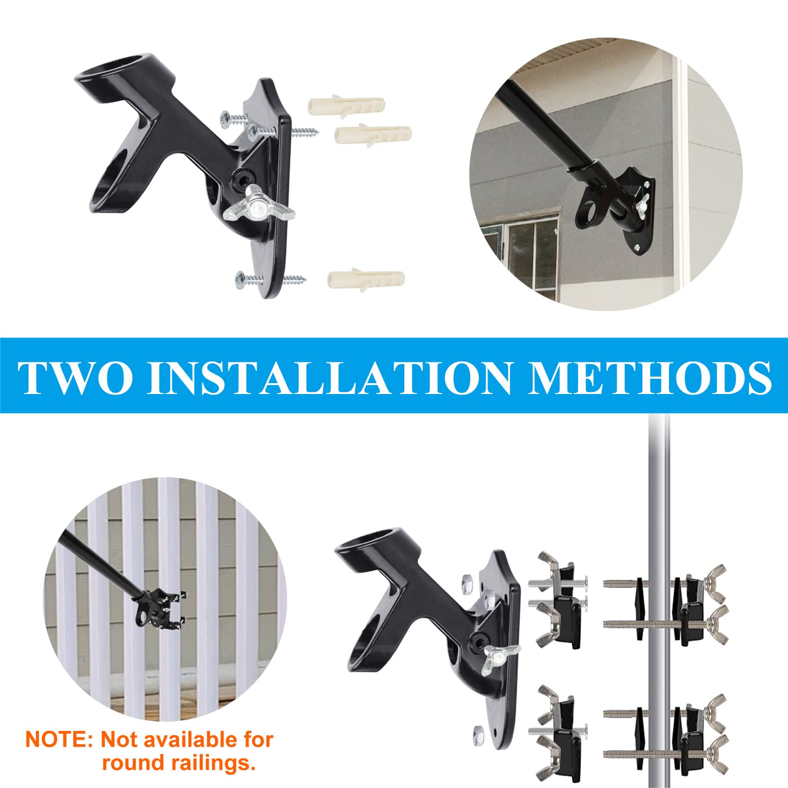 Flag Pole Bracket For Railing | Metal Flag Pole Holder For House, Square Railing, Wall - Two Installation Methods - Rust Free Bracket With Rubber Pads, Prevents Slippage, Scratches, 1" Diameter