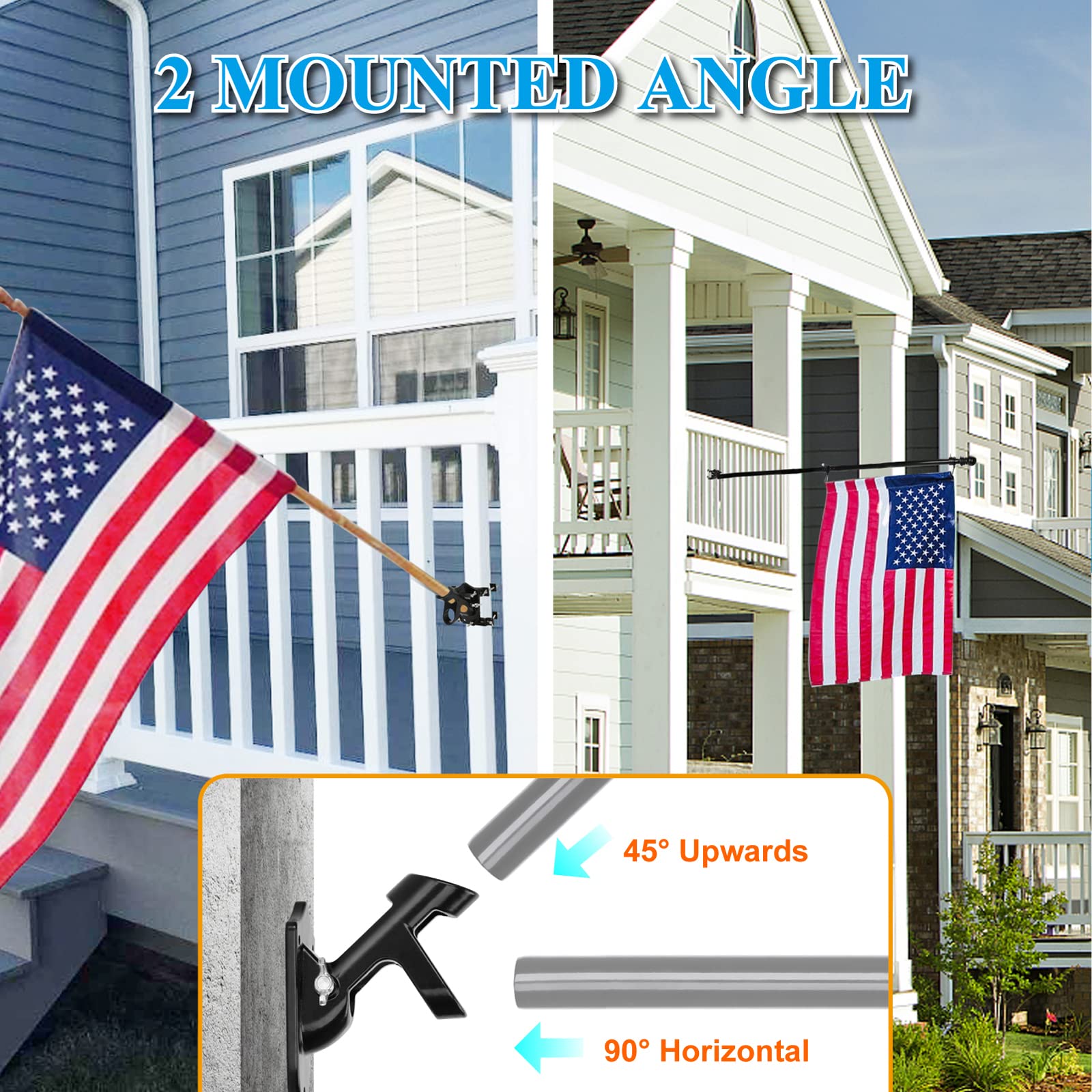 Flag Pole Bracket For Railing | Metal Flag Pole Holder For House, Square Railing, Wall - Two Installation Methods - Rust Free Bracket With Rubber Pads, Prevents Slippage, Scratches, 1" Diameter