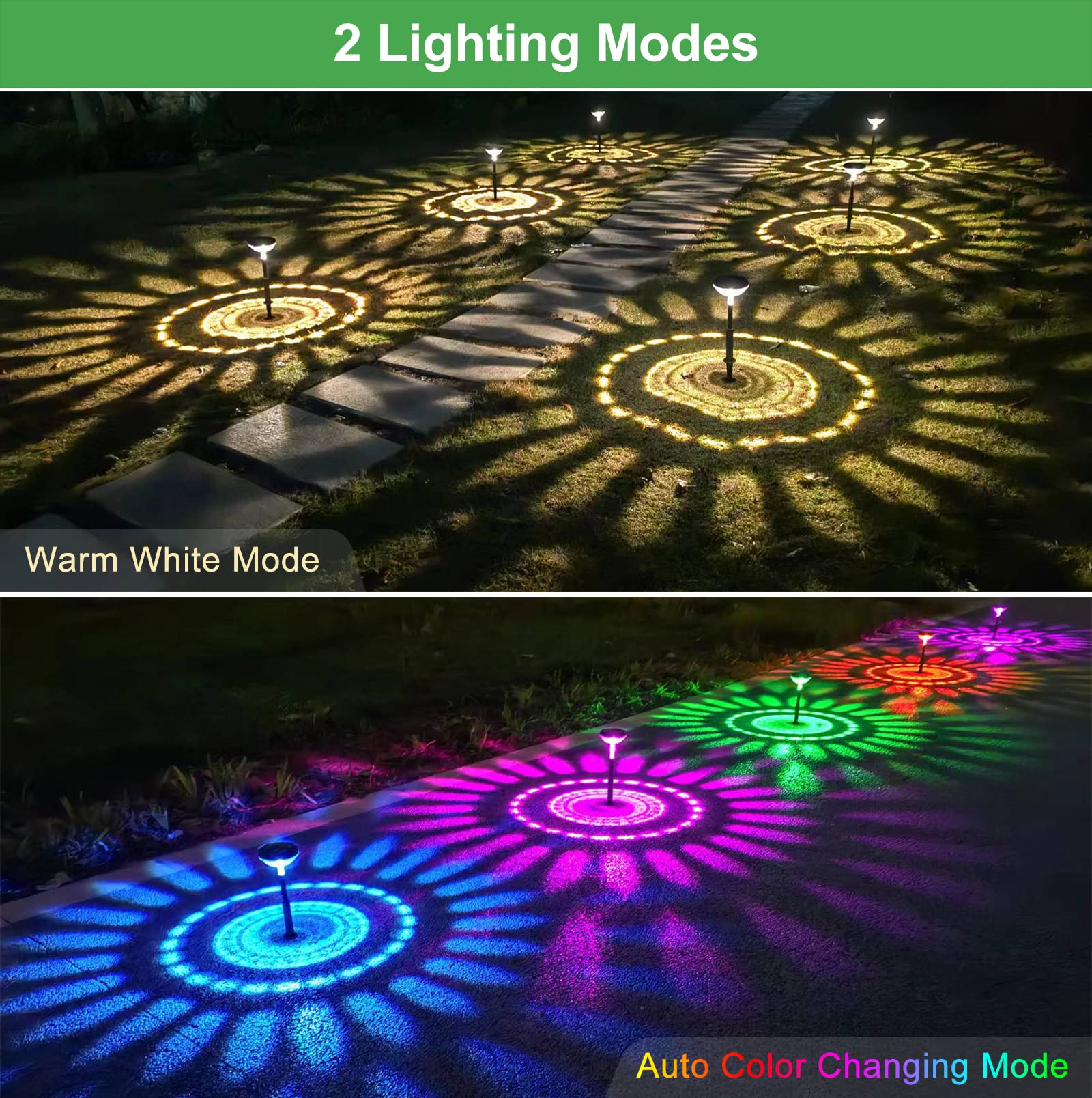 Bright Solar Pathway Lights Outdoor 4 Pack Color Changing, Solar Garden Lights Outdoor IP67 Waterproof, LED Solar Landscape Path Lighting Decoration for Walkway Yard Lawn Patio(Multicolor&Warm White)