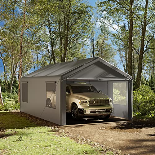 Gardesol Carport, 12'x20' Extra Large Heavy Duty Carport with Roll-up Ventilated Windows, Portable Garage with Removable Sidewalls & Doors for Car, Truck, SUV, Car Canopy with All-Season Tarp, Gray
