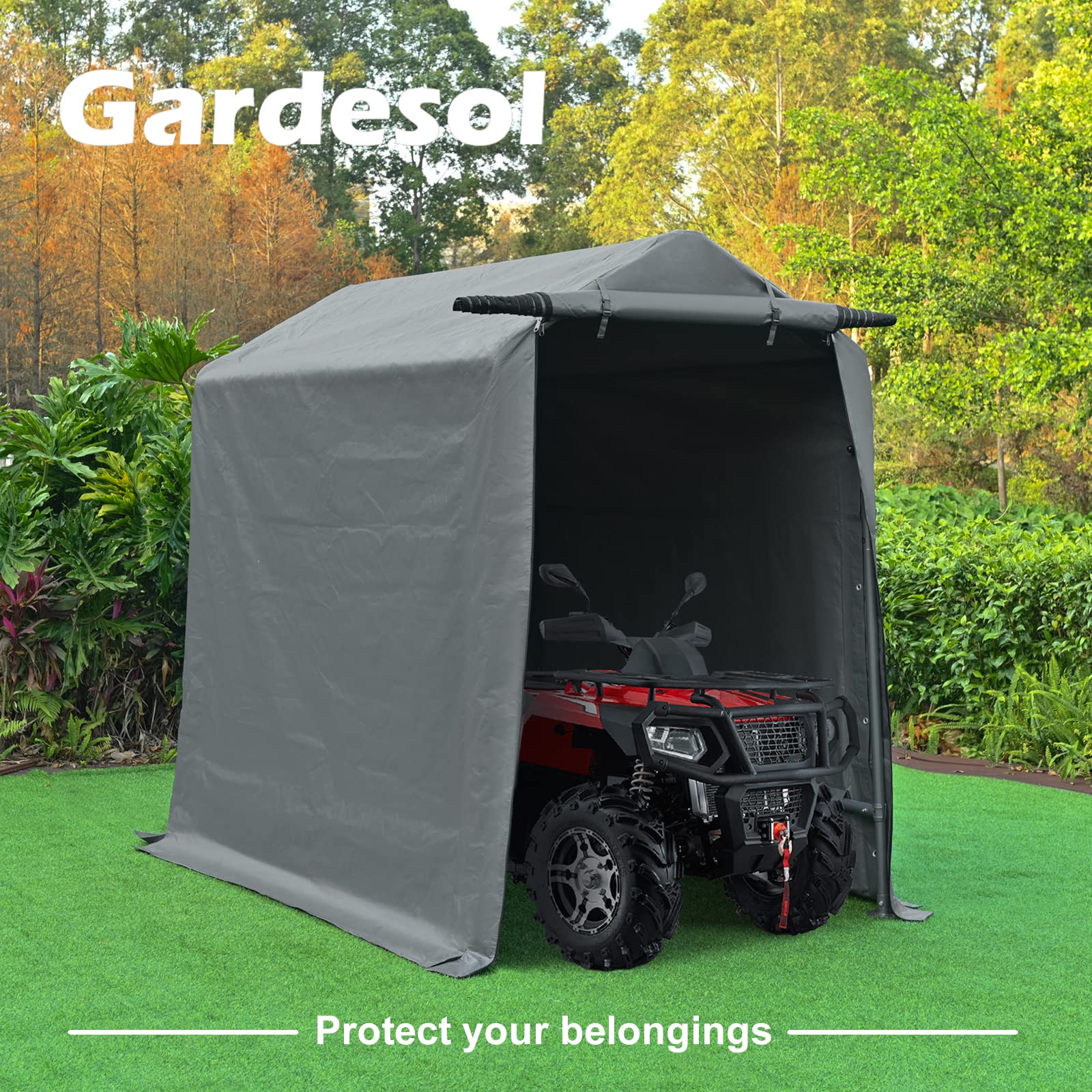 Gardesol Storage Shelter, 6x8 ft Portable Shed Outdoor Carport with Roll-up Zipper Door, Waterproof and UV Resistant Outdoor Storage Shed for Bike, ATV, Motorcycle Shelter, Gray