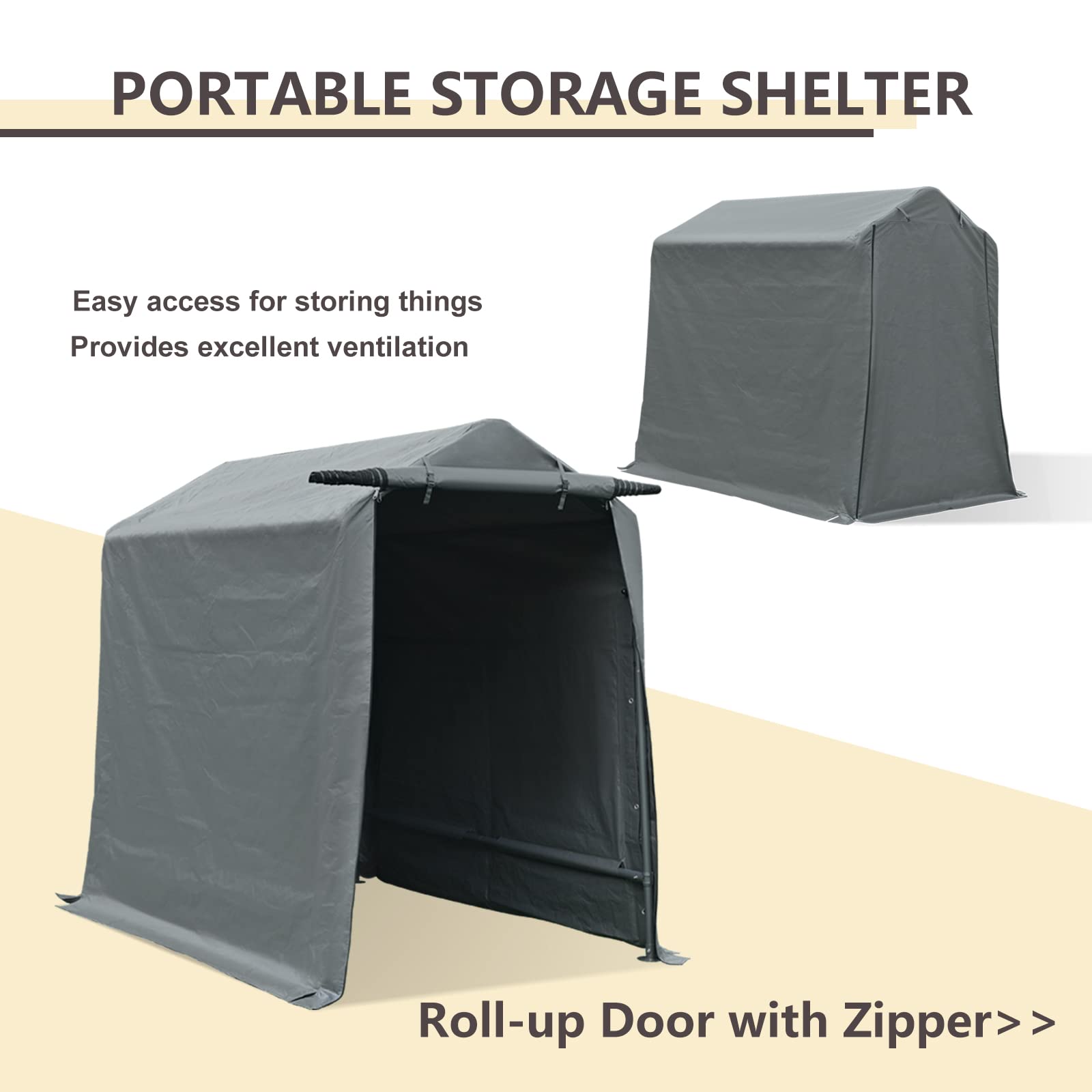 Gardesol Storage Shelter, 6x8 ft Portable Shed Outdoor Carport with Roll-up Zipper Door, Waterproof and UV Resistant Outdoor Storage Shed for Bike, ATV, Motorcycle Shelter, Gray