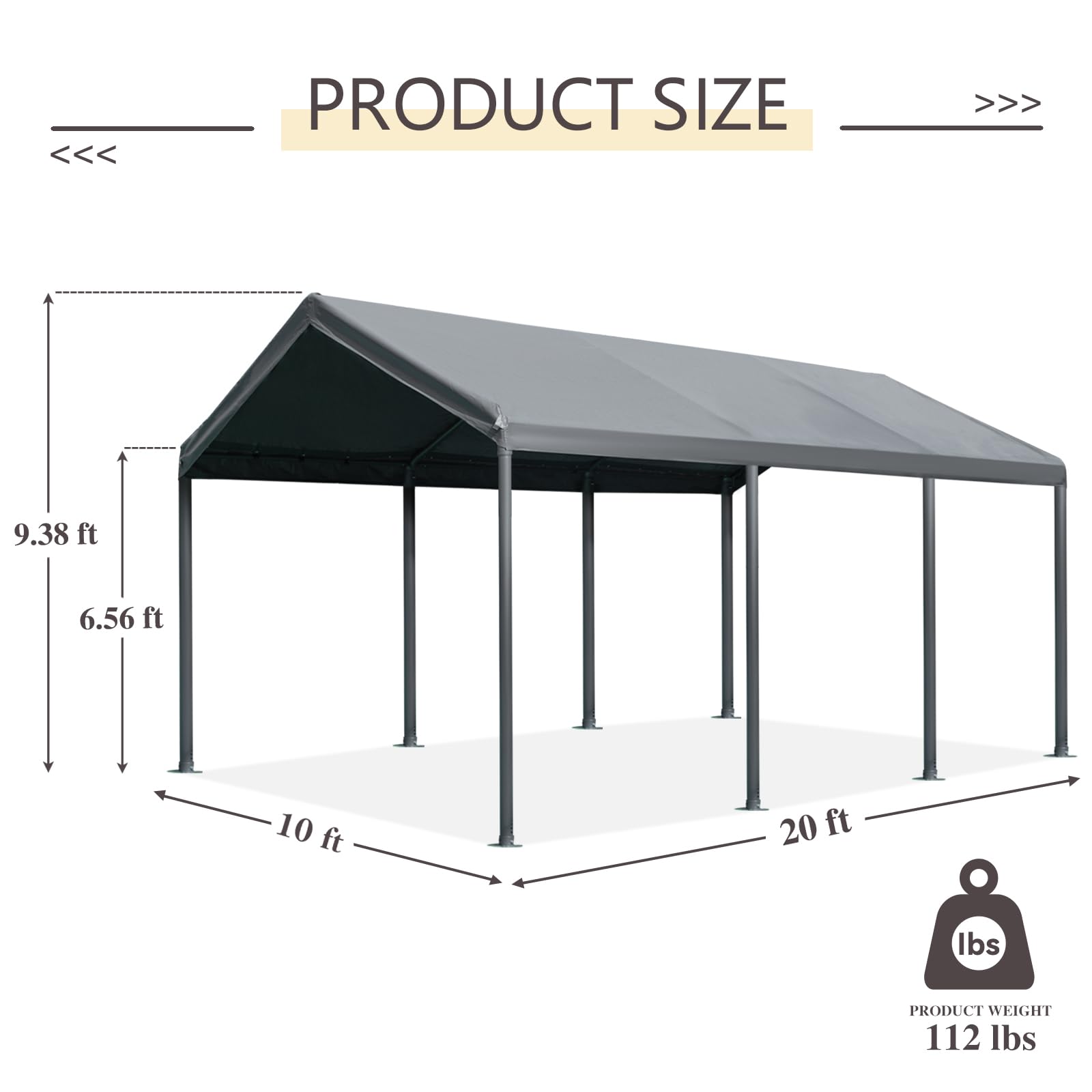 Gardesol Carport, 10’ X 20’ Heavy Duty Car Canopy with Powder-Coated Steel Frame, Easy to Assemble Portable Garage for Car, Boat, Party Tent with 180g PE Tarp for Wedding, Garden, 8 Legs, Gray
