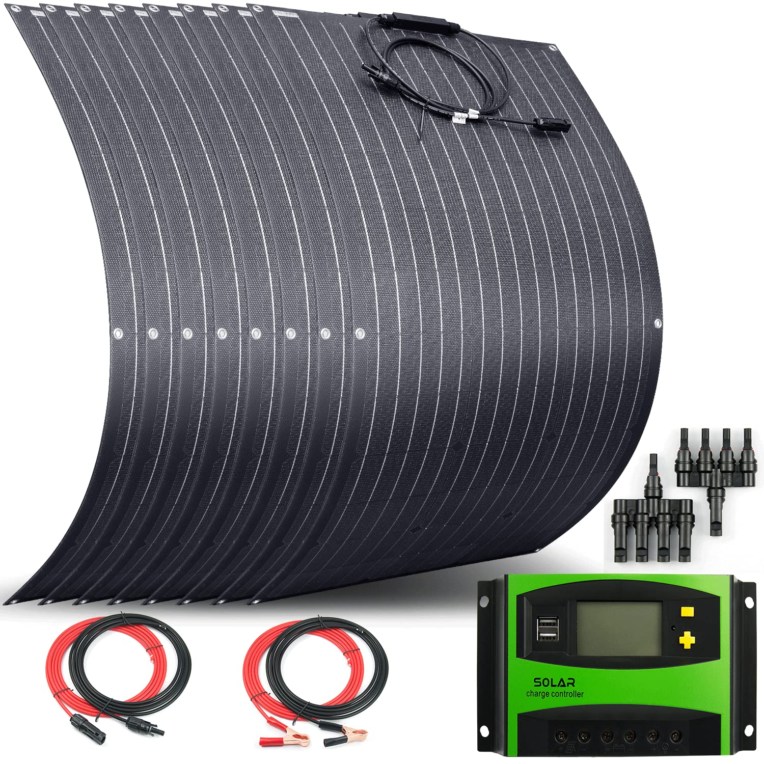 AUECOOR 800 Watts 24Volts 8pcs 100W ETFE Flexible Solar Panel System Kits with 60A Charge Controller/4Y Connectors/Alligator Clip PV Connector/Solar Panel Cables Connector