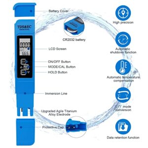 PH and TDS Meter Combo, Tuecota Digital ph Water Tester, 3-in-1 TDS Temperature & EC Meter, Digital Water Tester, Ultrahigh Accuracy Water Quality Tester for Drinking Water, Hydroponics, Aquarium etc