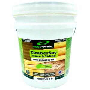 ecoprocote timbersoy uv resisting non toxic voc free all in 1 wood stain & sealer for fence, siding, shed, barn, & log homes, cedar, 5 gal container