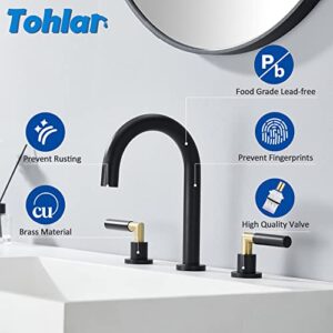 Tohlar Black Bathroom Faucet, Bathroom Faucet for Sink 3 Hole, 8 Inch 2 Handle Widespread Bathroom Sink Faucet 3 Pieces Basin Faucets with Pop Up Drain and Faucet Supply Lines, Matte Black