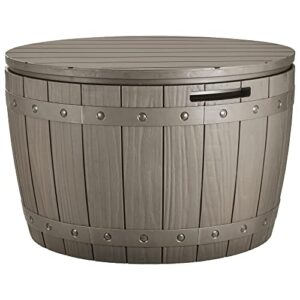 yitahome 33 gallon round deck box, outdoor storage box for patio furniture,patio table for cushion, pool accessories, outdoor toys, waterproof resin & easy assembly & lightweight, light brown