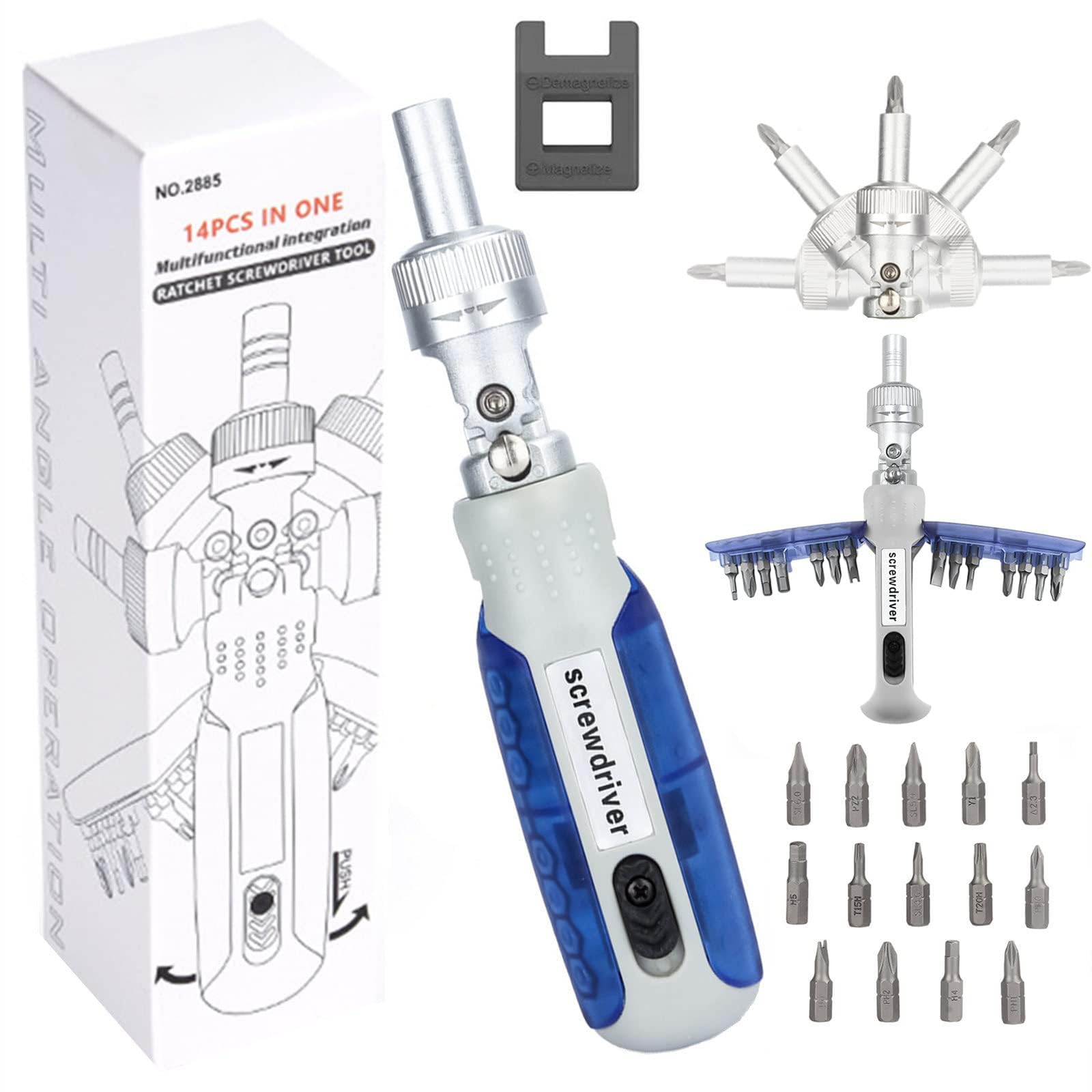 LIUZEYUAN Magnetic Ratchet Screwdriver Set 14 in 1 Multi Screwdriver,Ratchet and Adjustable Rotary Angle Screwdriver Repair Tool with 14 pcs S2 Alloy Steel Bits for DIY, Home, Repair Work