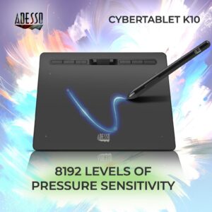 Adesso Large Graphics Drawing Tablet Pad 10 x 6 Inch 8192 Levels Battery-Free Pen, 6 Customizable Keys with Scroll Wheels, Compatible with PC/Mac/Android OS for Painting, Design & Online Teaching