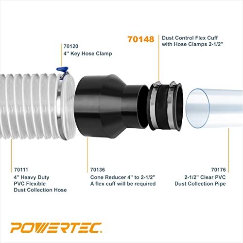 POWERTEC 70148V 2-1/2 Inch Dust Control Flex Cuff with Steel Hose Clamps, Hose Connector Rubber Cuff Coupler for Woodworking Dust Collection Fittings, Dust Collector Accessories & Machinery, 1pk