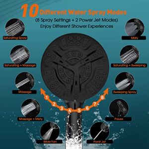 High Pressure Shower Head with Handheld, 59 inch Stainless Steel Shower Hose, 10 Functions Powerful Shower Spray, Anti-clog Nozzles, Built-in Power Wash to Clean Tub Top, Tile & Pets (Matte Black)