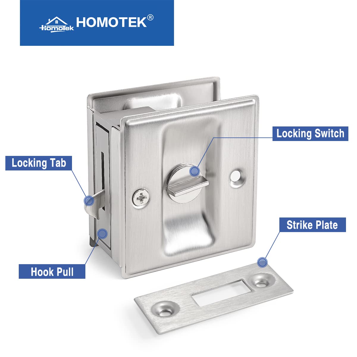 HOMOTEK 2 Pack Privacy Pocket Door Lock Hardware with Pull - Replace Old Or Damaged Sliding Door Locks Quickly and Easily, 2-3/4”x2-1/2”, for 1-3/8” Thickness Door, Brushed Nickel