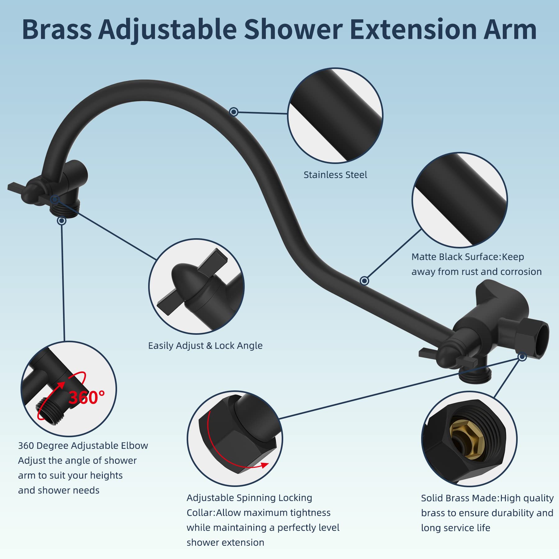 Hibbent All Metal High Pressure Rainfall 10 Inch Shower Head/Handheld Showerhead Combo/ 12 Inch Adjustable Curved Shower Extension Arm, 7-Spray, 71-inch Hose, Adhesive Showerhead Holder, Matte Black