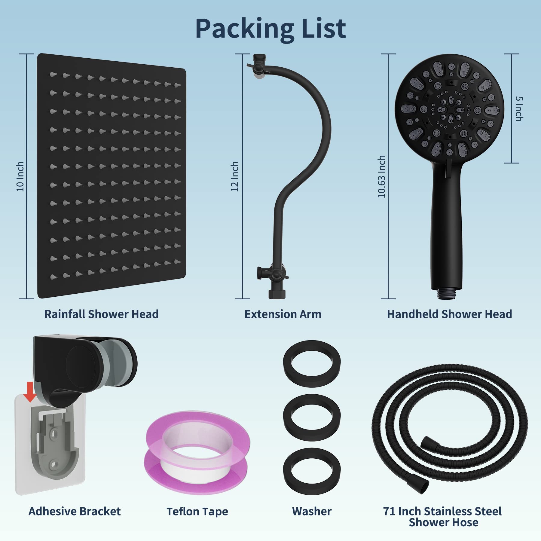 Hibbent All Metal High Pressure Rainfall 10 Inch Shower Head/Handheld Showerhead Combo/ 12 Inch Adjustable Curved Shower Extension Arm, 7-Spray, 71-inch Hose, Adhesive Showerhead Holder, Matte Black