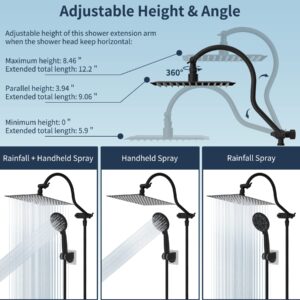 Hibbent All Metal High Pressure Rainfall 10 Inch Shower Head/Handheld Showerhead Combo/ 12 Inch Adjustable Curved Shower Extension Arm, 7-Spray, 71-inch Hose, Adhesive Showerhead Holder, Matte Black