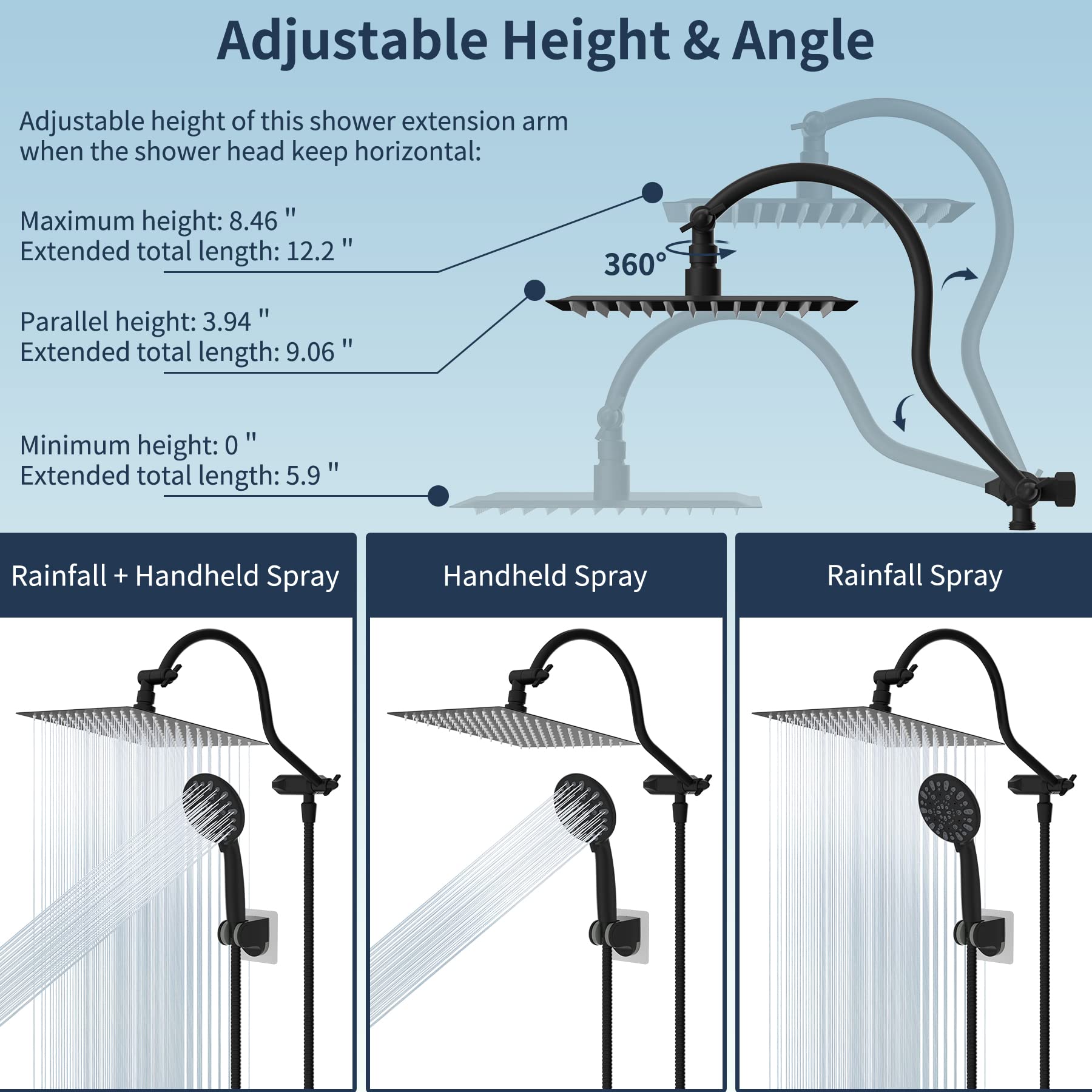 Hibbent All Metal High Pressure Rainfall 10 Inch Shower Head/Handheld Showerhead Combo/ 12 Inch Adjustable Curved Shower Extension Arm, 7-Spray, 71-inch Hose, Adhesive Showerhead Holder, Matte Black