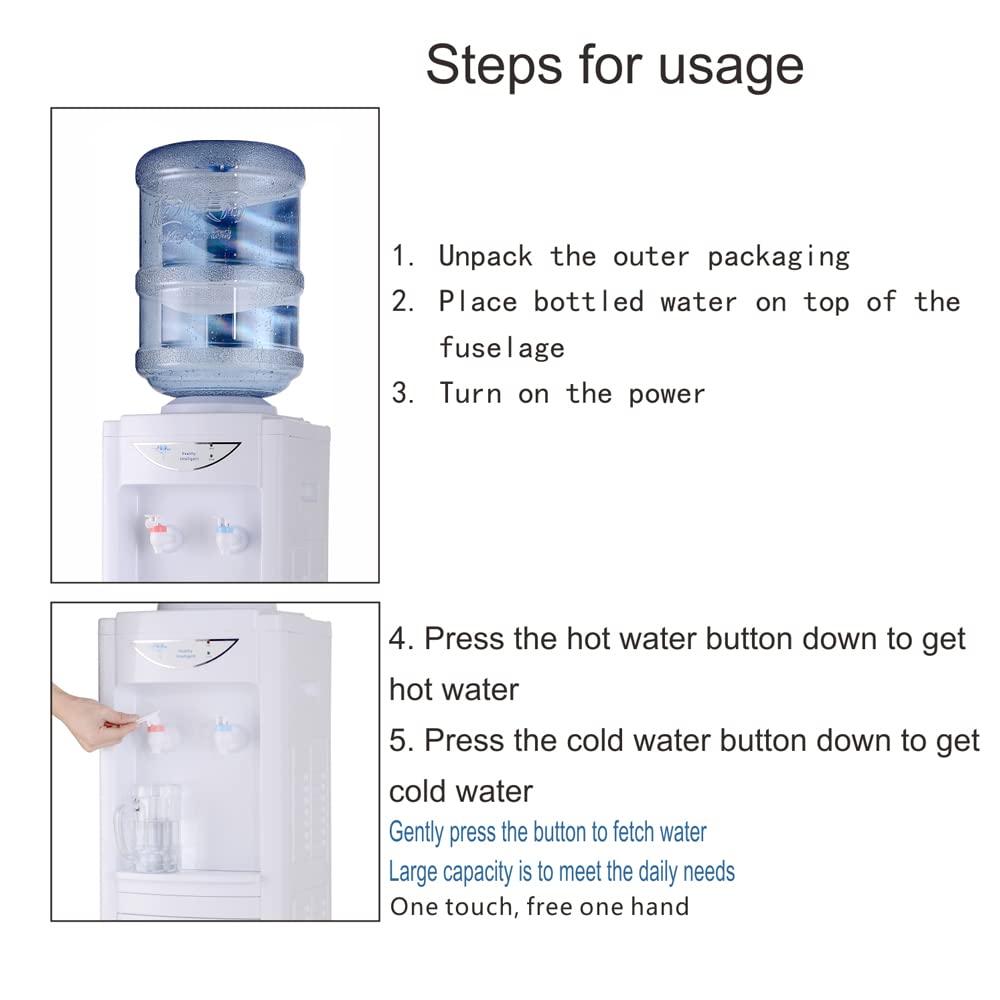 Water Cooler Dispenser 5 Gallon, Top Loading Water Dispenser Hot and Cold Water Dispenser with Storage Cabinet Child Safety Lock for Home Office, White