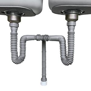 Cinsda Flexible P Trap Kit Fits 1 1/2" or 1 1/4" Double Bowl Sink Drain, Expandable All In One Sink Drain Pipe for Kitchen, Bathroom, Restroom