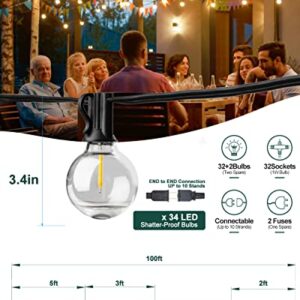 ACOHOOK 100FT Globe Outdoor Lights String, Dimmable LED Patio String Light with 34 G40 Shatterproof Plastic Bulbs, Waterproof Commercial Hanging Lights for Outside Party Porch Backyard Bistro