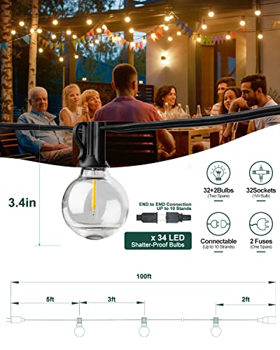 ACOHOOK 100FT Globe Outdoor Lights String, Dimmable LED Patio String Light with 34 G40 Shatterproof Plastic Bulbs, Waterproof Commercial Hanging Lights for Outside Party Porch Backyard Bistro