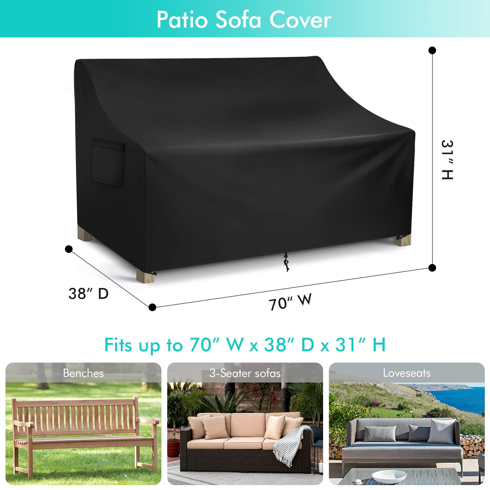 WLEAFJ Patio Sofa Cover Waterproof, Outdoor Loveseat Cover, Heavy Duty Deep Lounge Loveseat Cover, Large Lawn Patio Furniture Covers with Air Vent, 70’’ W x 38’’ D x 31’’ H