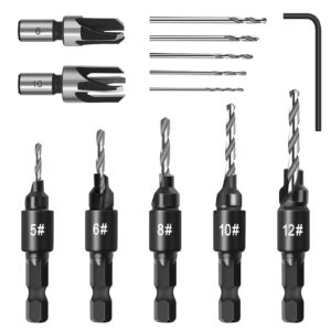 countersink drill bit set, woodworking chamfered adjustable counter sinker tools on counter sink holes with 1/4" hex shank, 2 pcs wood plug cutter drilling tools for diy woodworking with one l-wrench