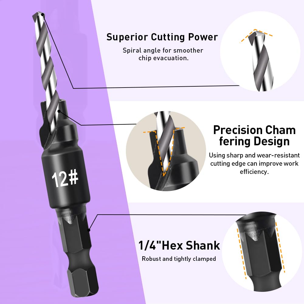Countersink Drill Bit Set, Woodworking Chamfered Adjustable Counter Sinker Tools on Counter Sink Holes with 1/4" Hex Shank, 2 Pcs Wood Plug Cutter Drilling Tools for DIY Woodworking with One L-Wrench