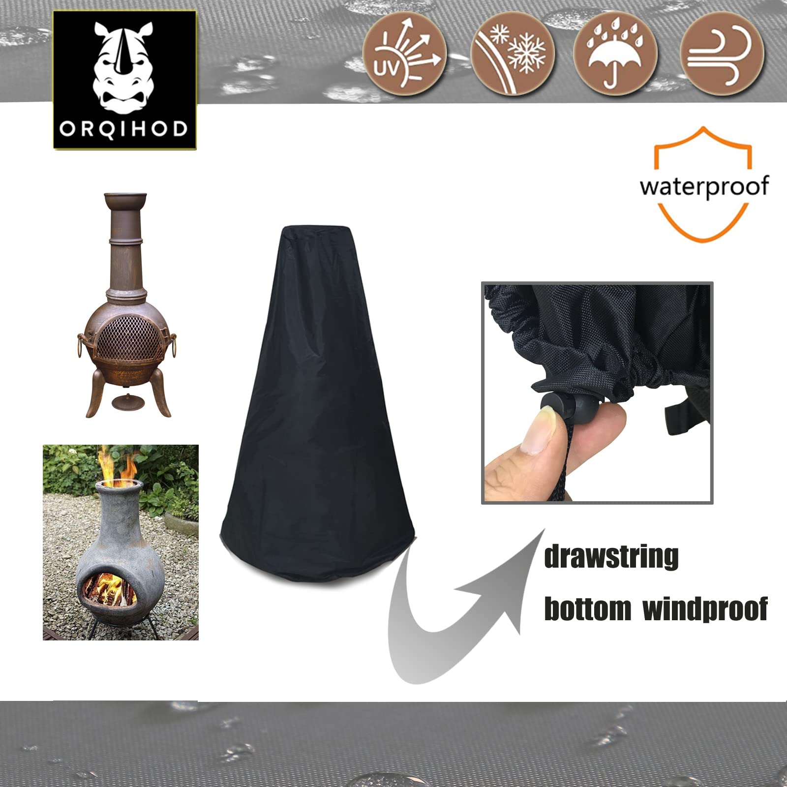 Orqihod Outdoor Chiminea Cover Waterproof, Windproof, Patio Fire Pit Heater Protective Cover with Drawstring, Black, 420D Oxford Material