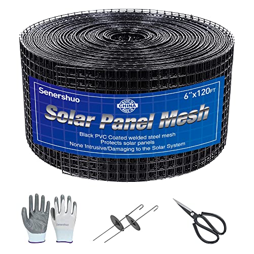 Senershuo 6in X 120ft  Solar Panels Mesh for Bird.Solar Panels Bird proofing,Pest Barrie .60 Fastener Clips,Black PVC Coated Steel Solar Panel Fencing