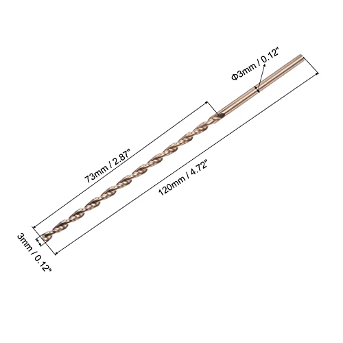 uxcell M35 High Speed Steel Parabolic Flute Drill Bit, 3mm Drilling Diameter 120mm Length, Gold Oxide Cobalt Steel Round Shank