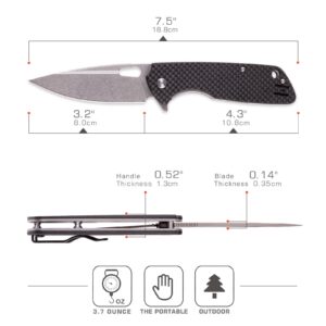 QYGMGS REMETTE Folding Knife, Carbon Fiber Handle, D2 Steel Wear-Resistant Blade,Flipper Assisted Opening Knife, EDC Outdoor Camping Pocket Knife for Men